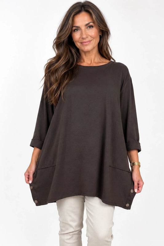 Cotton Button Side Maya Top - Chocolate