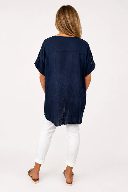 Pure Cotton Embroidered Crochet Sleeve Amira Top - Navy