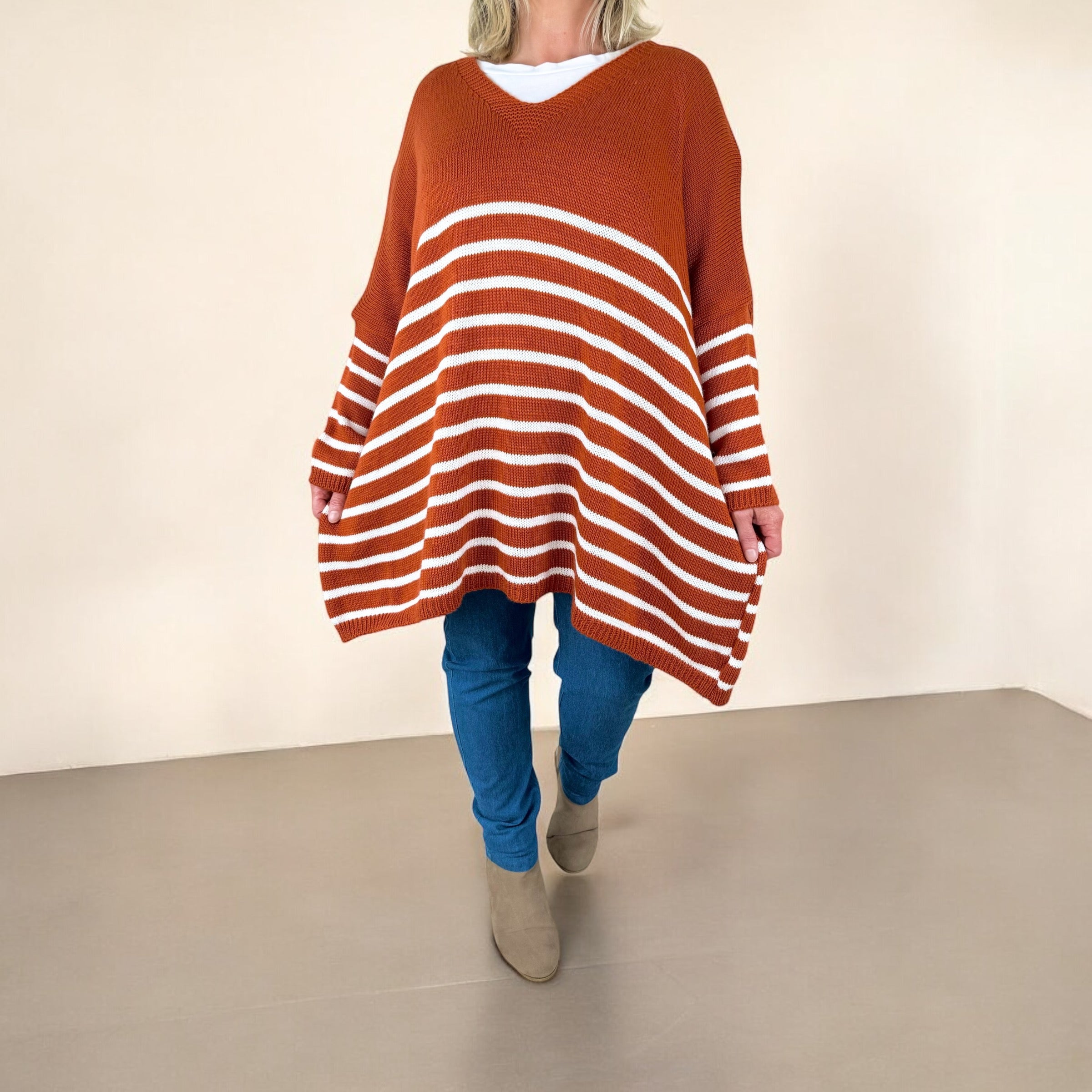 Striped Diana Cosy Knit Jumper AW24 - Burnt Orange