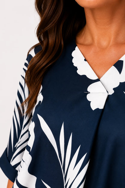Tropical Print Lightweight Flow Carrisa Top - Navy