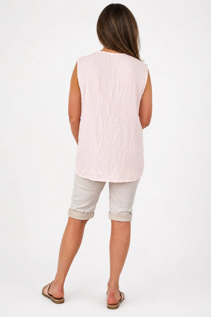 Embroidery Anglaise Golden Sequin Valentina Button Sleeveless Top - Pale Blush