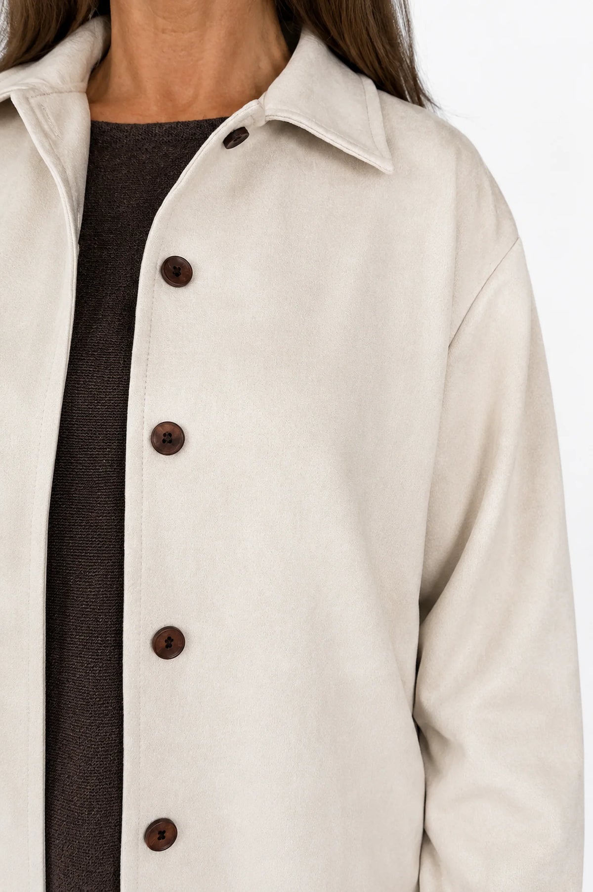 Alexandra Button Sleeve Faux Suede Button Jacket - Beige
