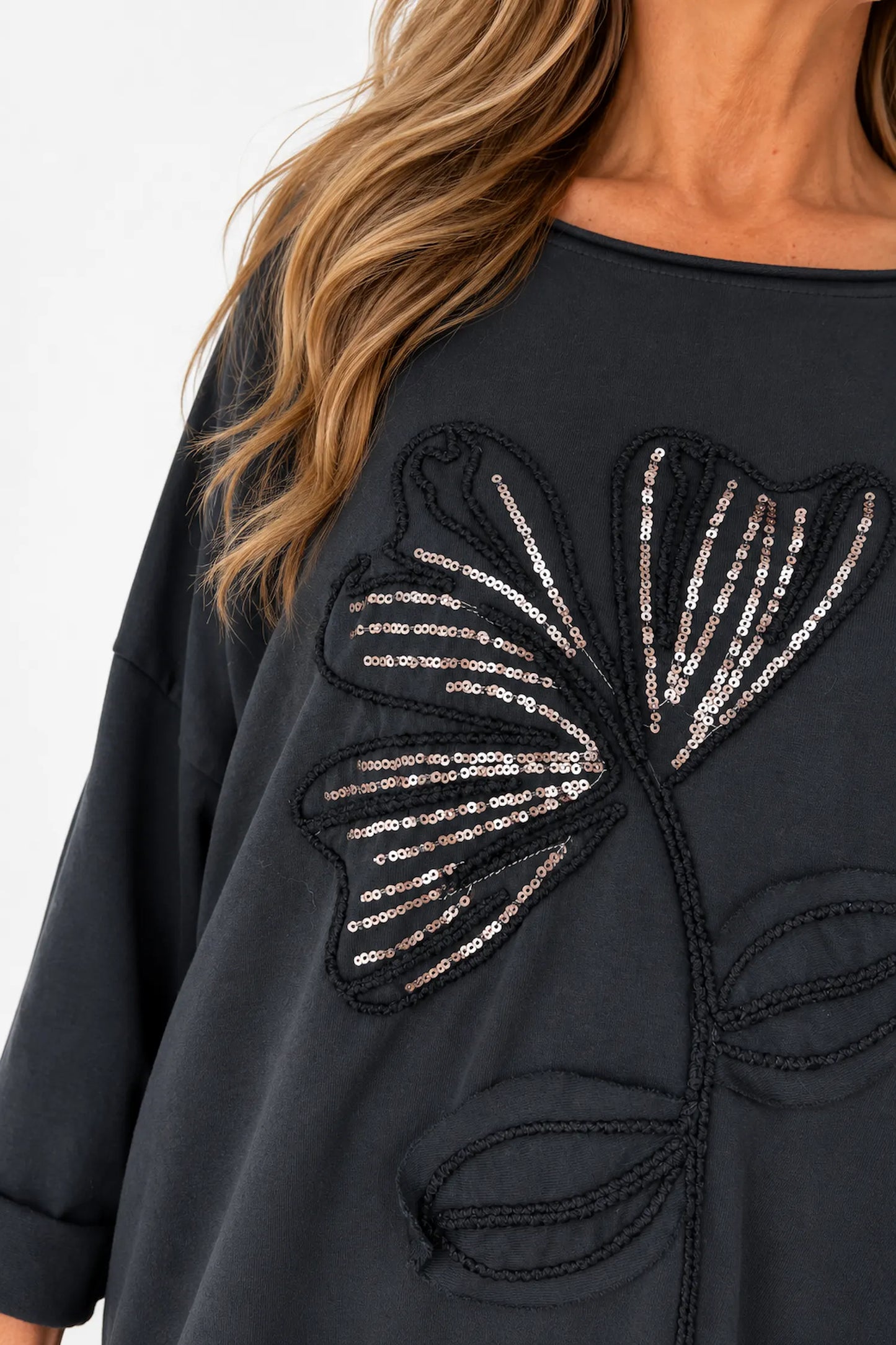 Cotton Embroidered Gold Sequin Floral Manica Tied Hem Top - Black