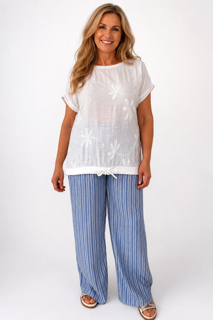 Cotton Drawstring Hem Embroidered Floral Marella Top - White