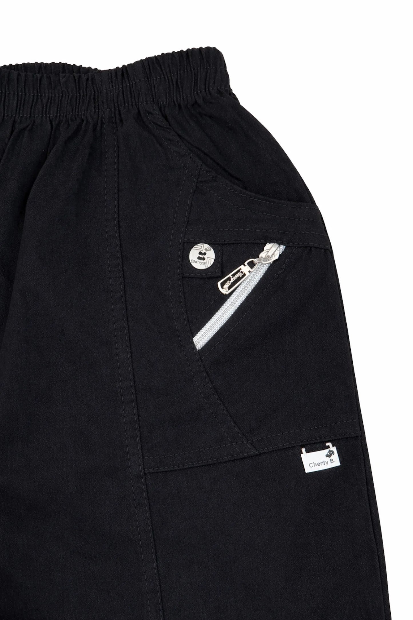 Cotton Double Zipped Pocket Cherry Berry Pants - Black