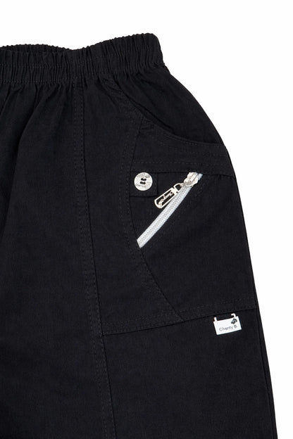 Cotton Double Zipped Pocket Cherry Berry Pants - Black