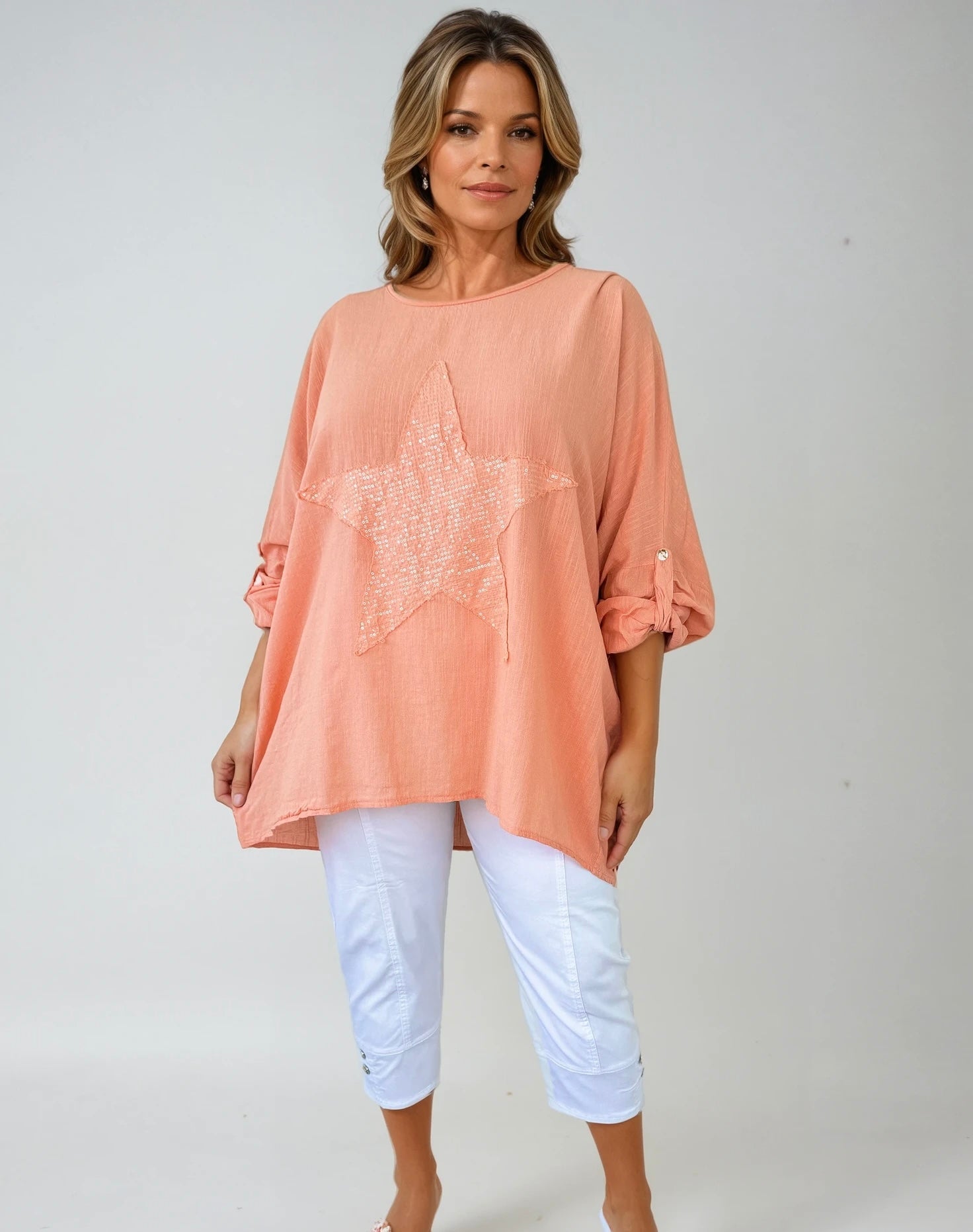 Cotton Sparkle Star Siana Button Sleeve Batwing Top - Peach