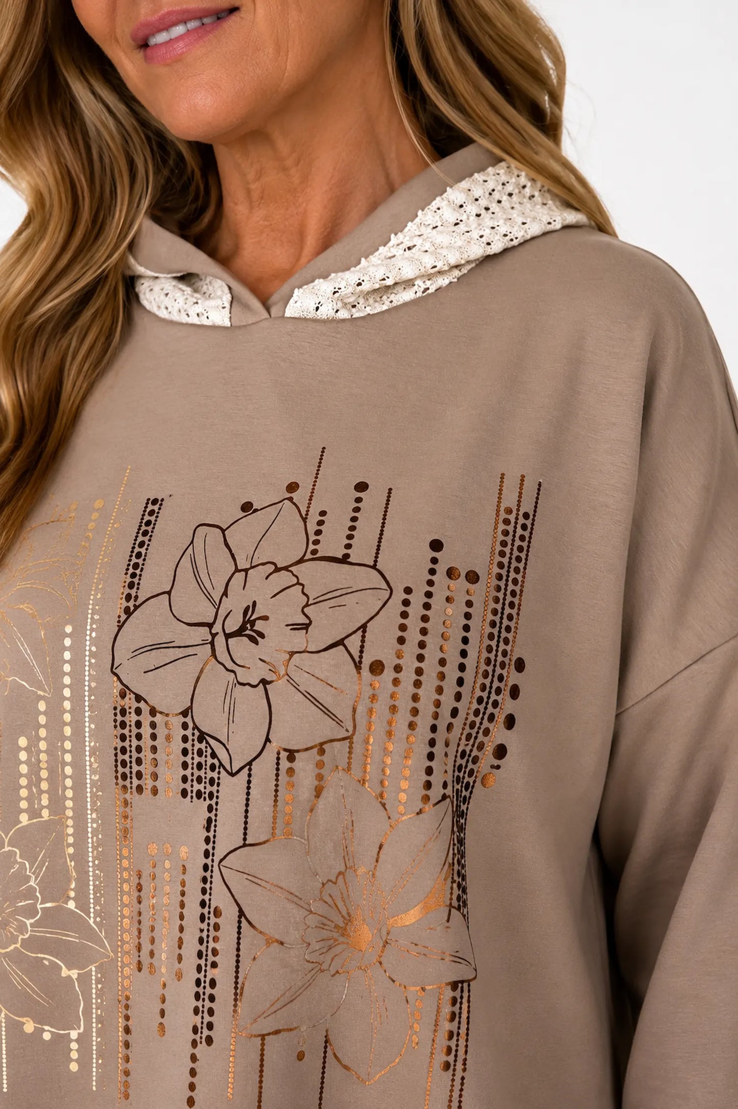 Crochet Hood/Hem Golden Flower Maxine Hoodie - Mocha