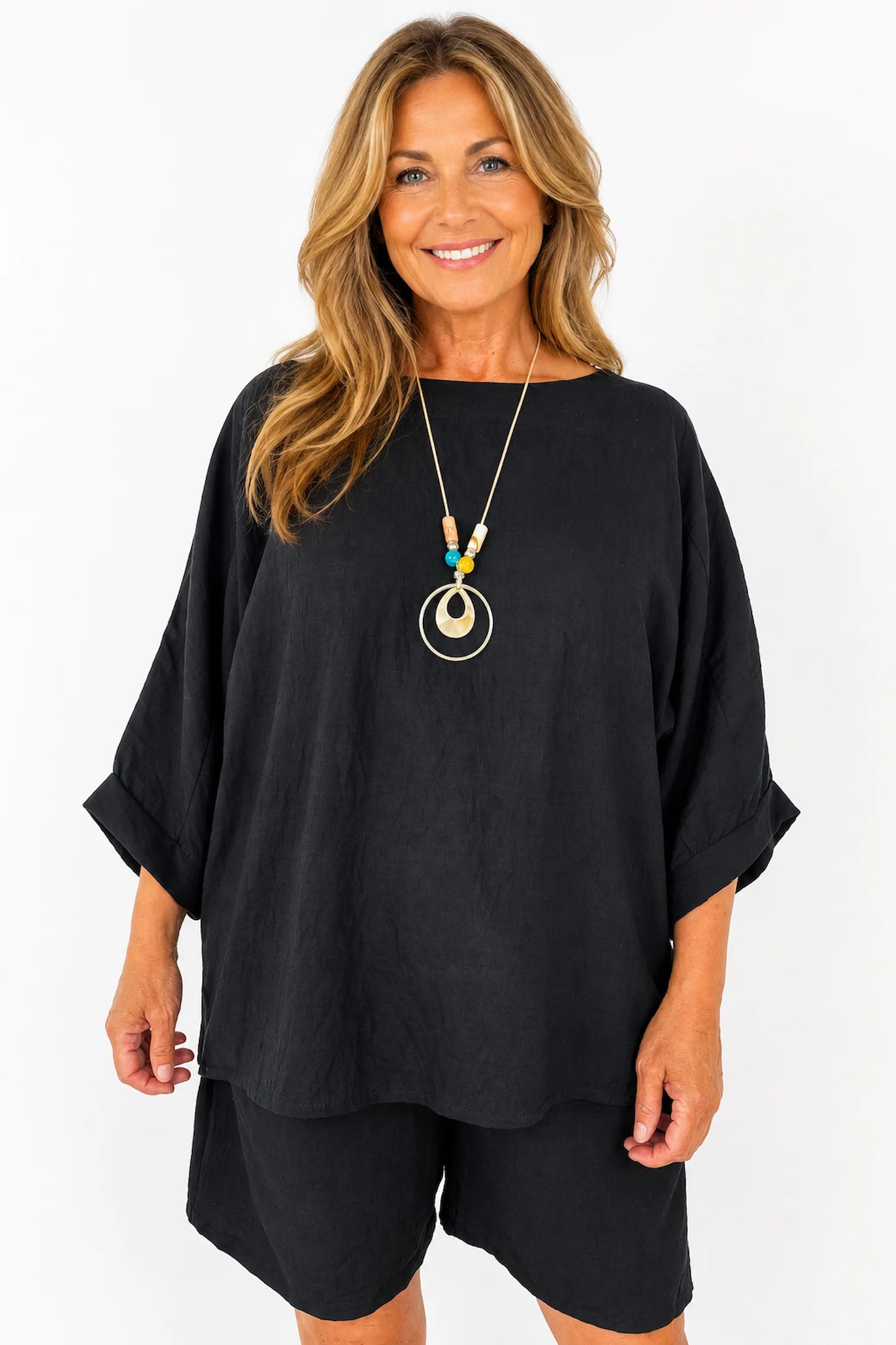 Relaxed Oversized Summer Flow Necklace Top - Black