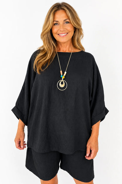 Relaxed Oversized Summer Flow Necklace Top - Black