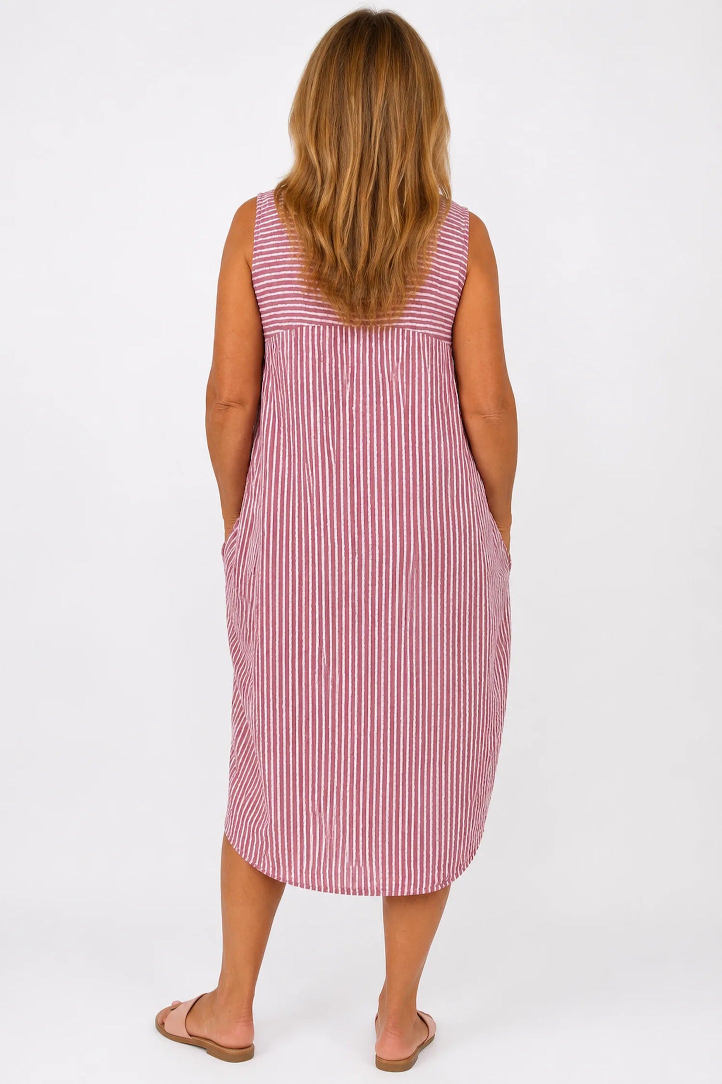 Cotton Double Pocket Pinstripe Elizabeth Dress - Raspberry Ripple