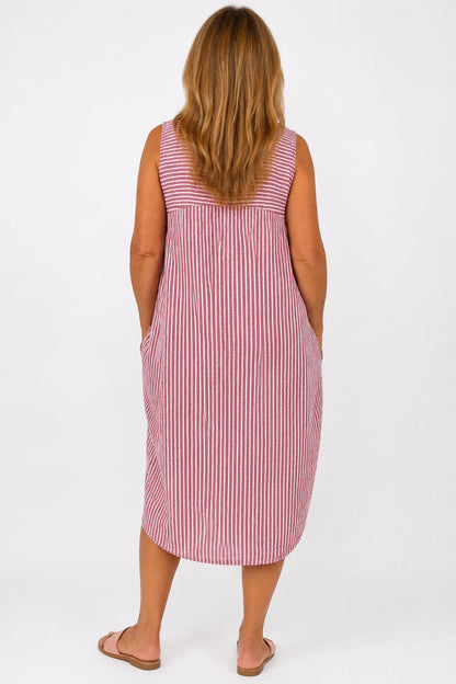 Cotton Double Pocket Pinstripe Elizabeth Dress - Raspberry Ripple