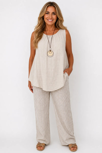 Pure Cotton Double Pocket Elasticated Waist Viera Stripe Pants - Beige