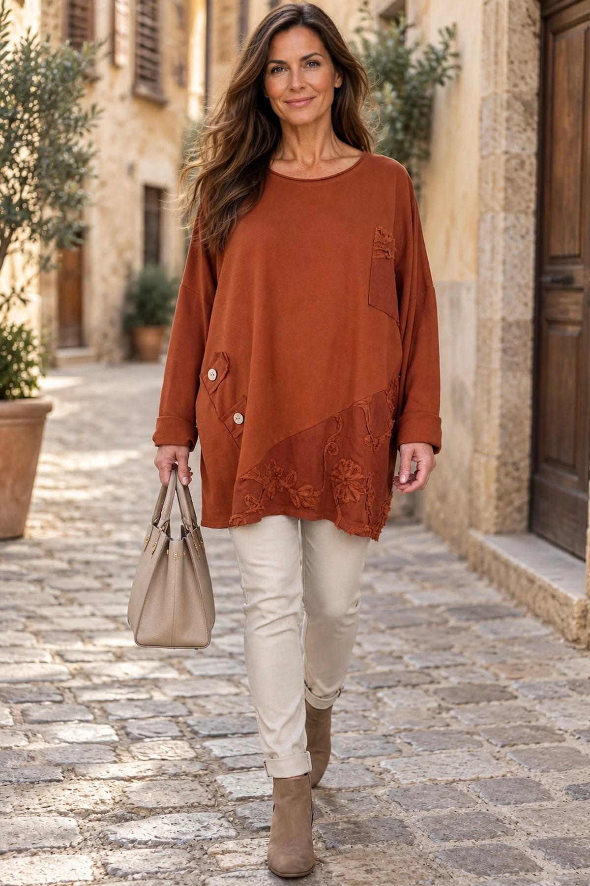 Cotton Button Detail Embroidery Anglaise Needlecord Hem Italia Top - Burnt Orange
