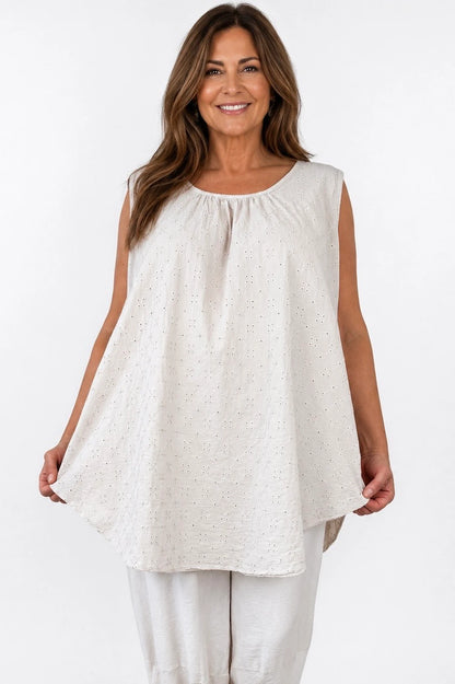 Pure Cotton Embroidery Anglaise Mica Vest - Beige