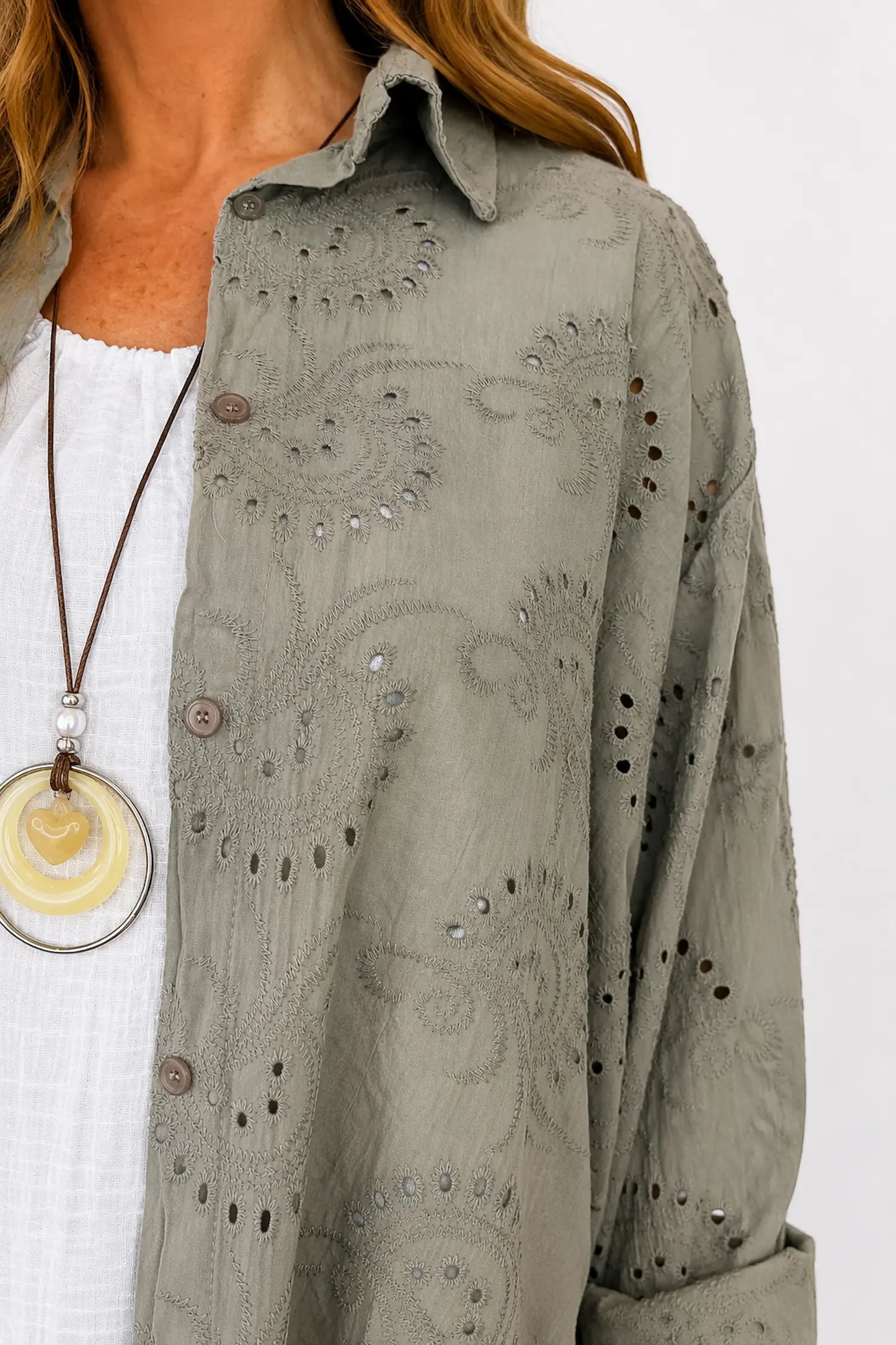 Pure Cotton Embroidery Anglaise Monica Button Shirt - Mocha