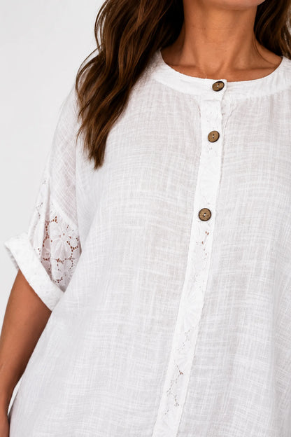 Linen Look Cotton Lace Sleeve Calabri Button Top - White