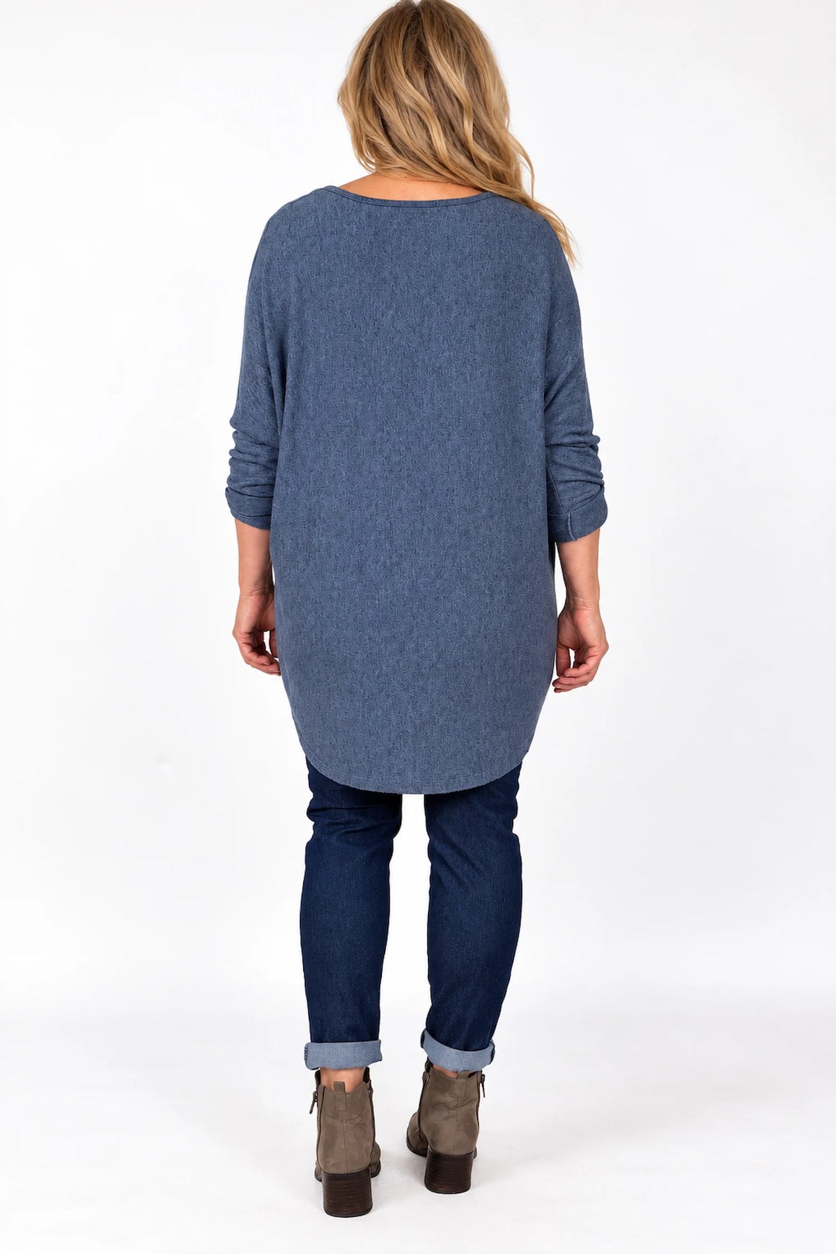 Fine Knit Button Sleeve Batwing Angelica Top - Denim