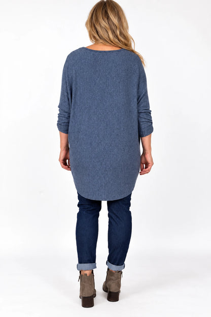 Fine Knit Button Sleeve Batwing Angelica Top - Denim