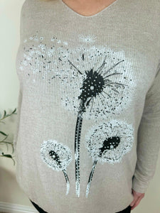 Wool Mix Diamanté Dandelion Ribbed Knit Top AW24