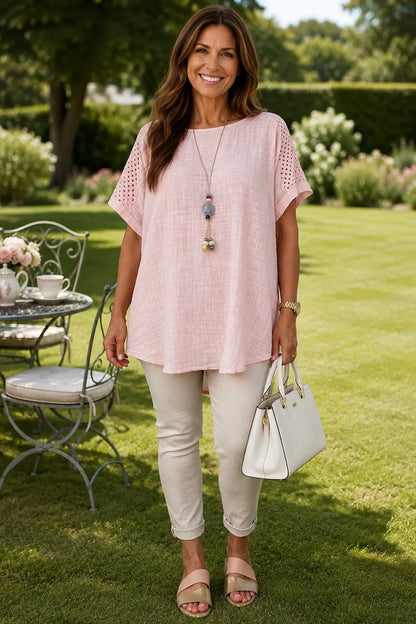 Pure Cotton Crochet Detail Francesca Necklace Top - Rosewood Pink