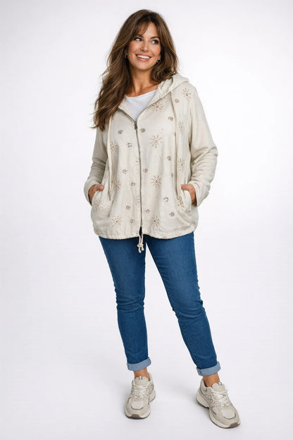 Cotton Sequin Floral Embroidery Double Pocket Zipped Siena Drawstring Hem Hoodie - Beige