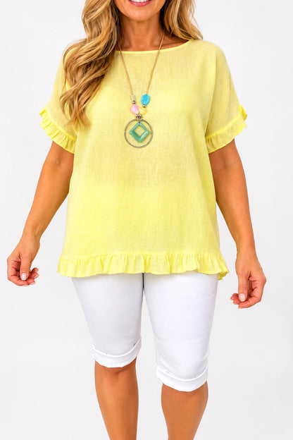 Linen Cotton Mix Frill Sleeve And Hem Iris Necklace Top - Lemon
