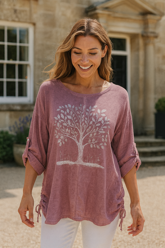 Linen Mix Diamanté Tree Rugged Side Detail Button Sleeve Valentina Top - Raspberry Ripple