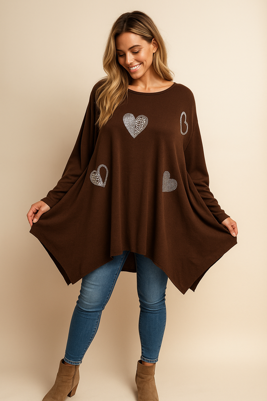 Wool Mix Diamanté Heart Ezra Top - Chocolate
