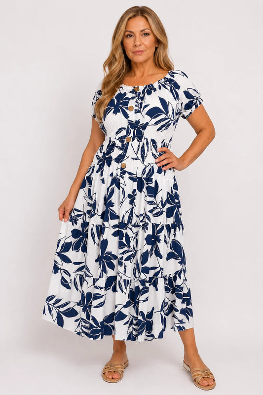 Button Detail Elasticated Waist Panel Floral Endless Summer Dress - Navy