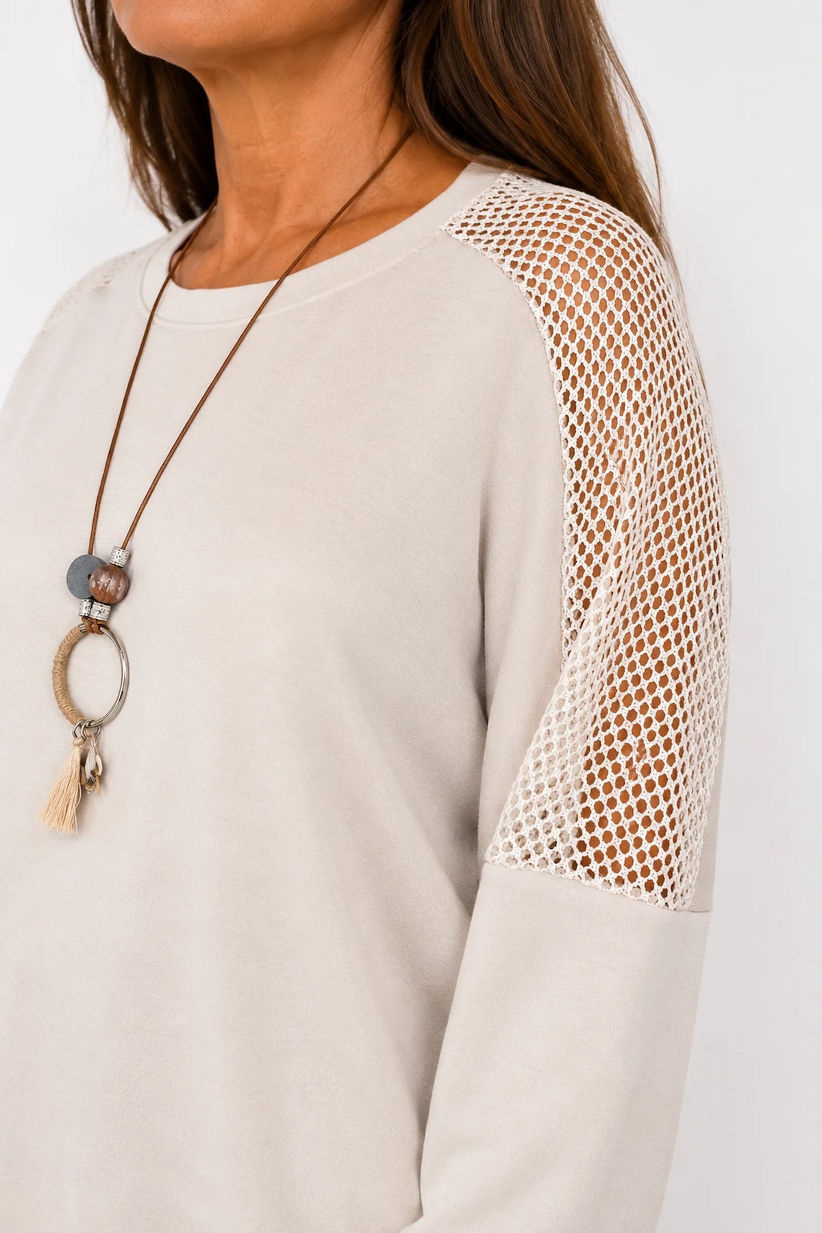 Roxanne Mesh Detail Necklace Top - Beige