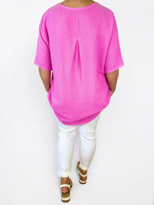 Pure Bubble Cotton One Button Siera Top - Lipstick Pink