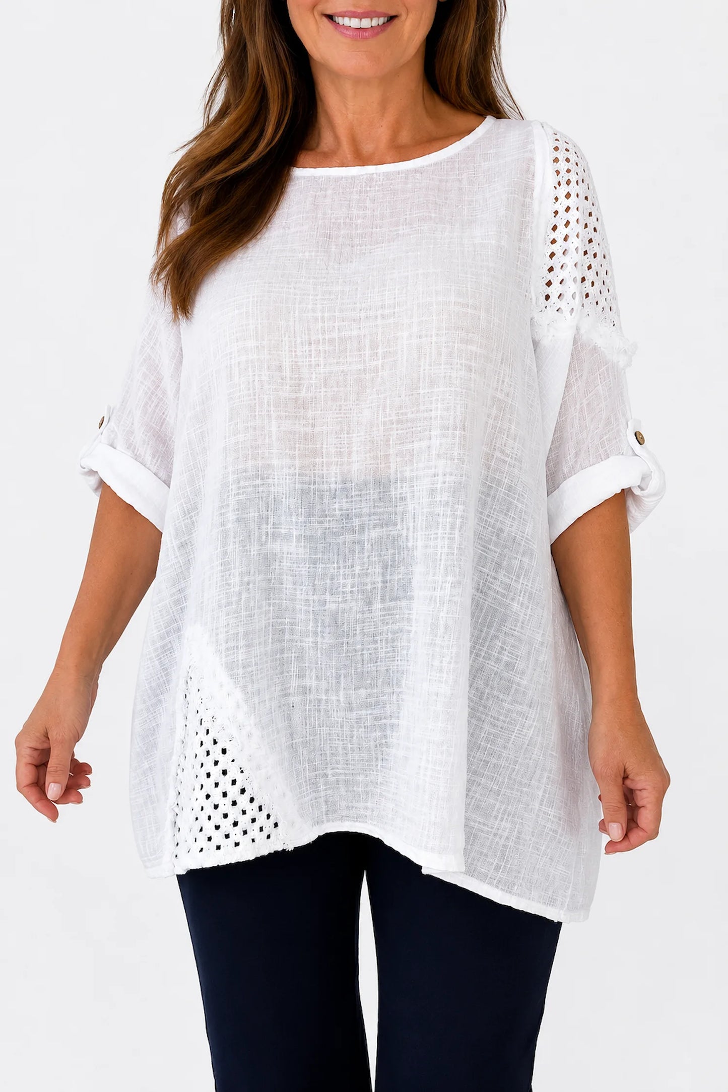 Pure Cotton Button Sleeve Crochet Detail Dalia Top - White