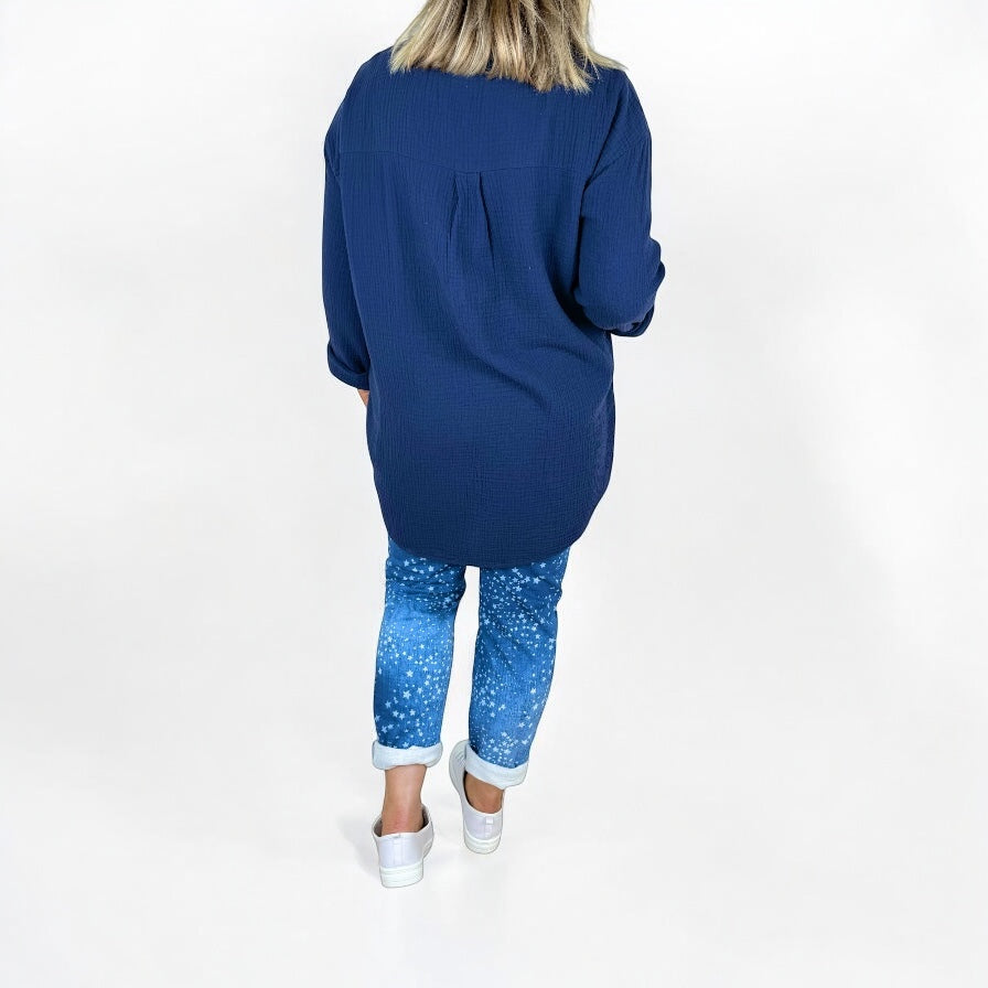 Bubble Cotton One Button Brielle Shirt - Navy