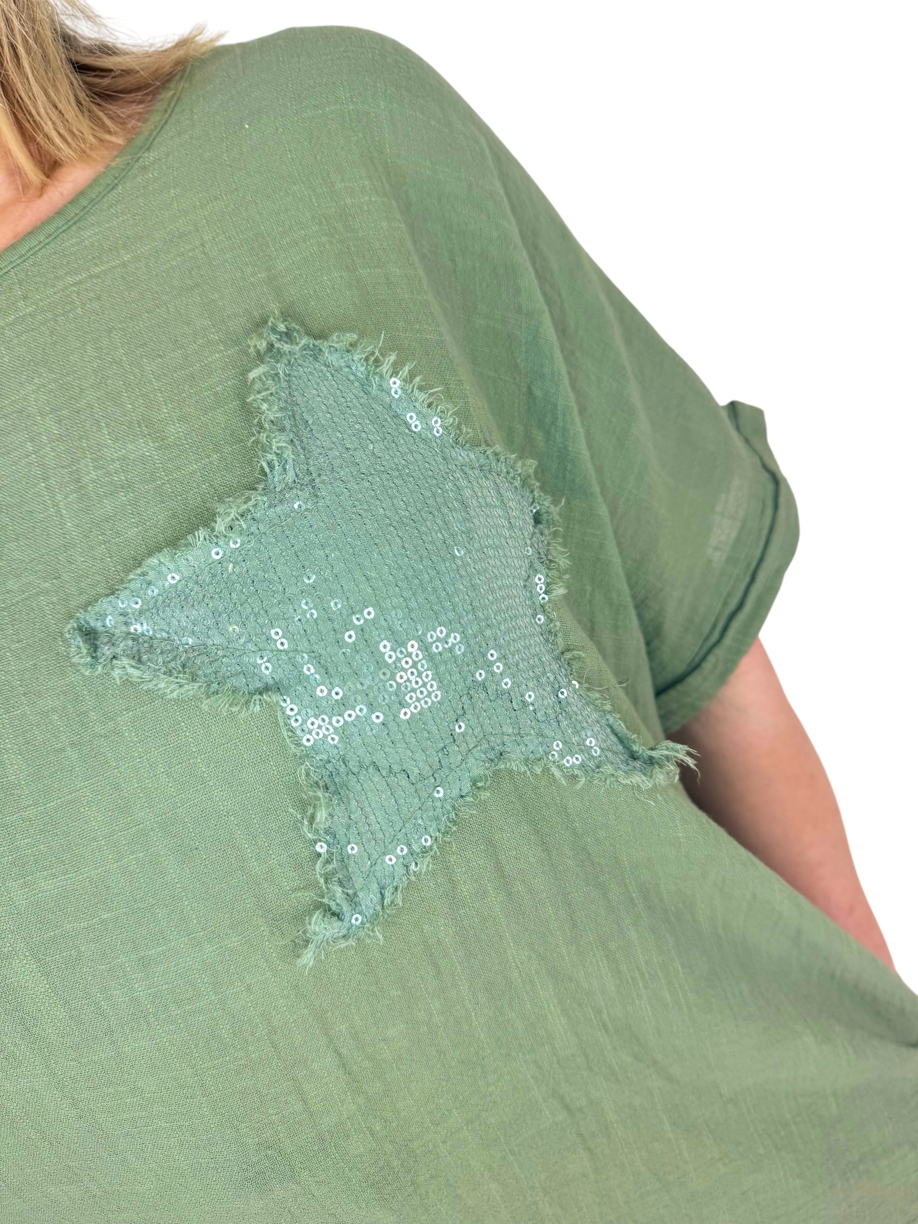 Pure Cotton Double Pocket Siana Sparkle Star Top - Khaki