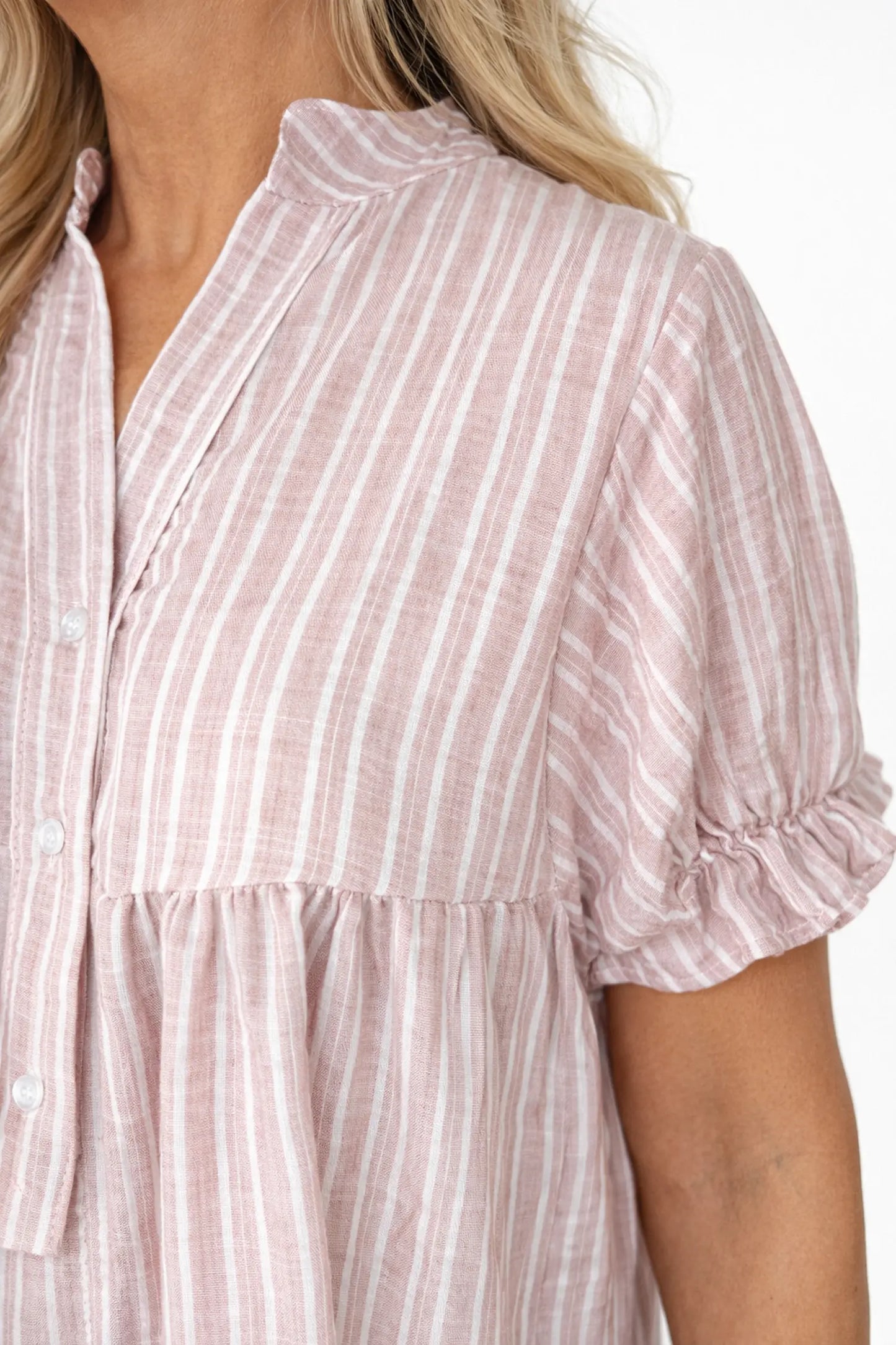 Premium Stitch Elasticated Frill Sleeve Nadine Button Shirt - Washed Rose