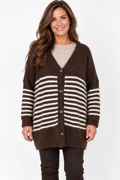 Wool Mix Perla Stripe Button Cardigan - Chocolate