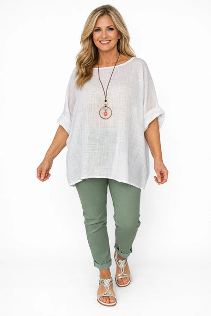 Pure Cotton Linen Look Italia Necklace Top - White