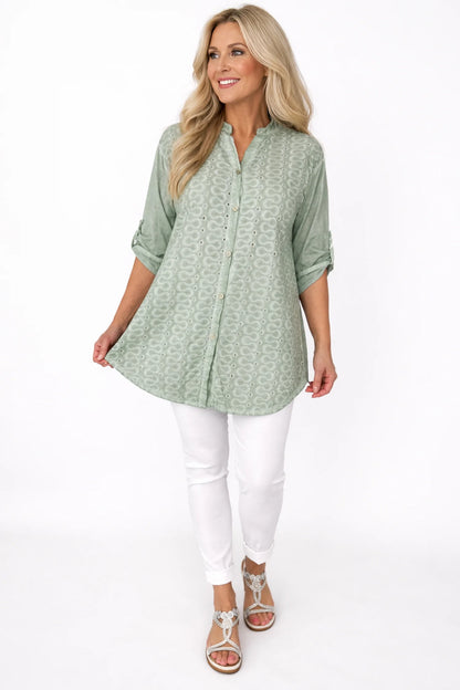 Cotton Button Sleeve Embroidery Anglaise Detail Tatiana Button Shirt - Washed Sage