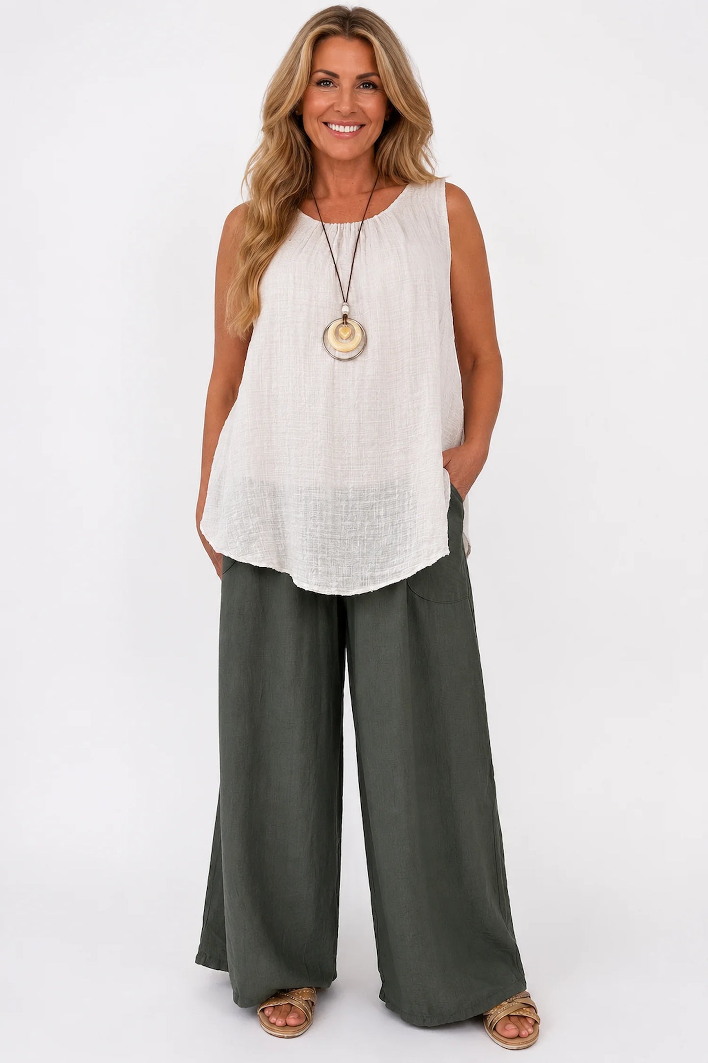 Elasticated Smocked Waist Patch Pocket Milan Wide Leg Pants - Khaki