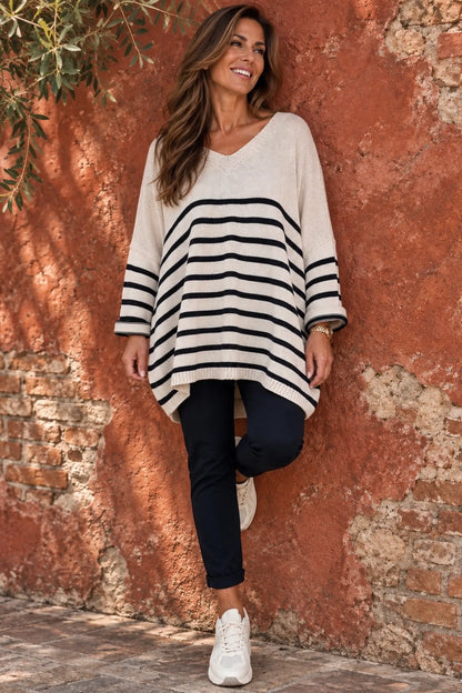 Wool Mix Stripped Diana Top - Oatmeal