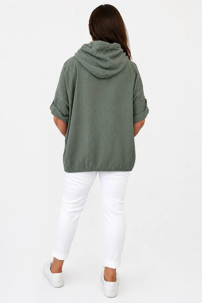 Pure Bubble Cotton Button Sleeve Badge Detail Pocketed Zara Hoodie - Khaki