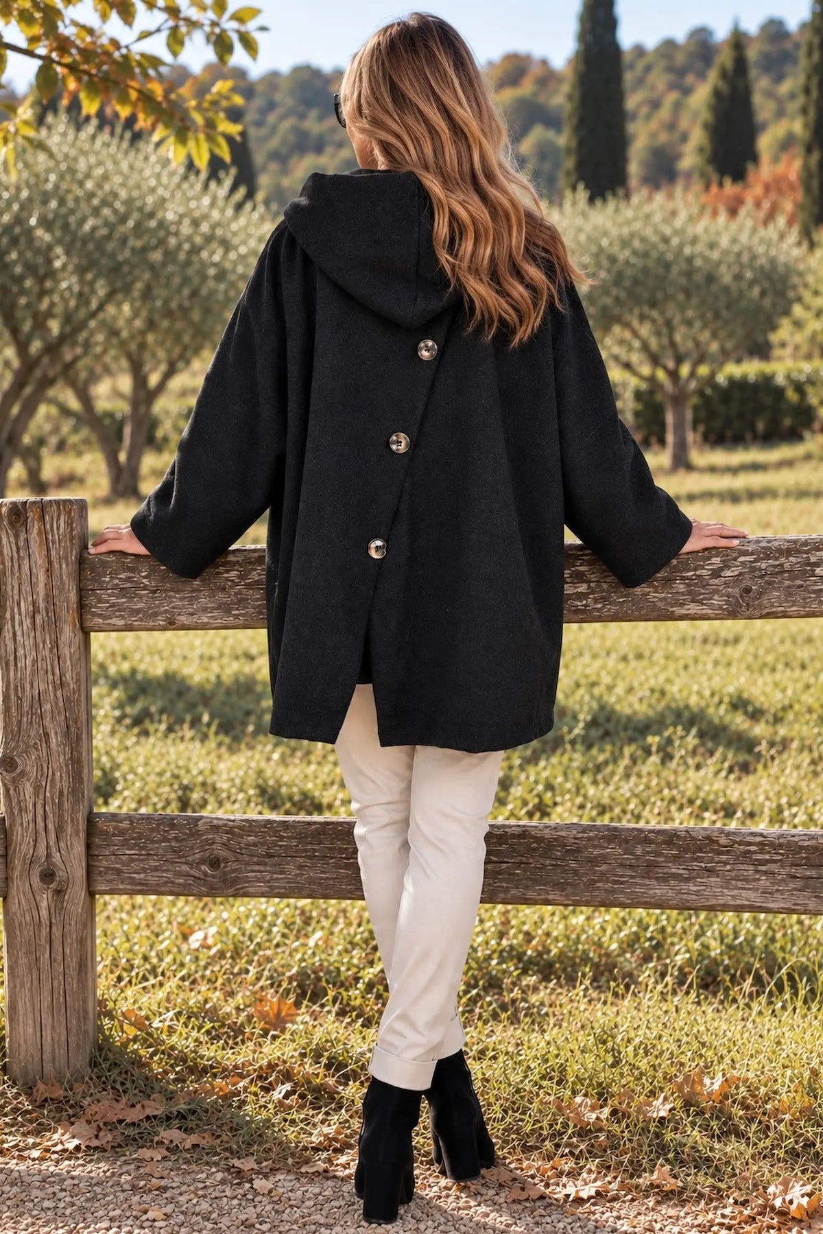 Double Button Pocket Zipped Button Back Sophia Hooded Coat - Black