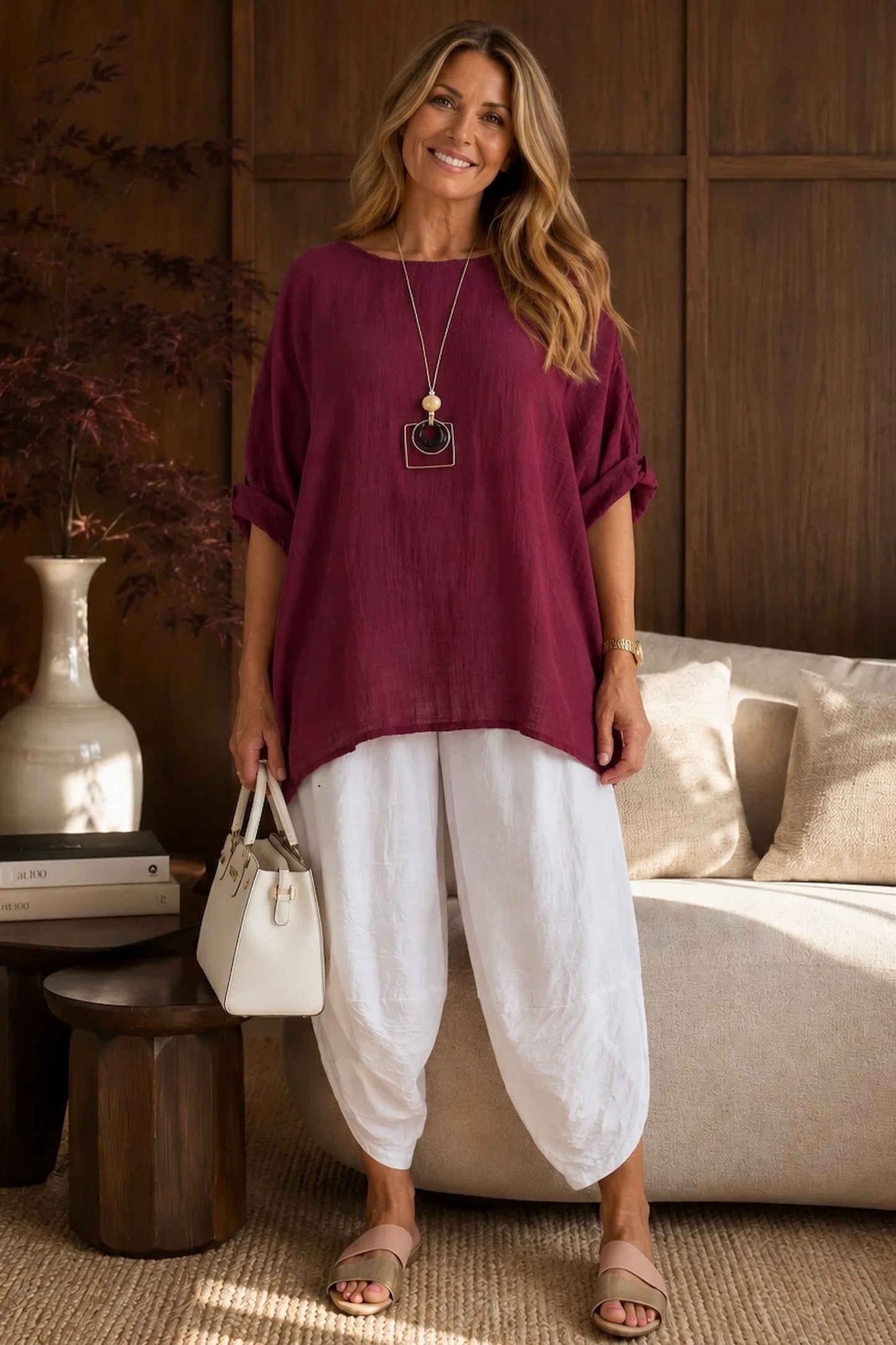 Pure Cotton Linen Look Italia Necklace Top - Grape