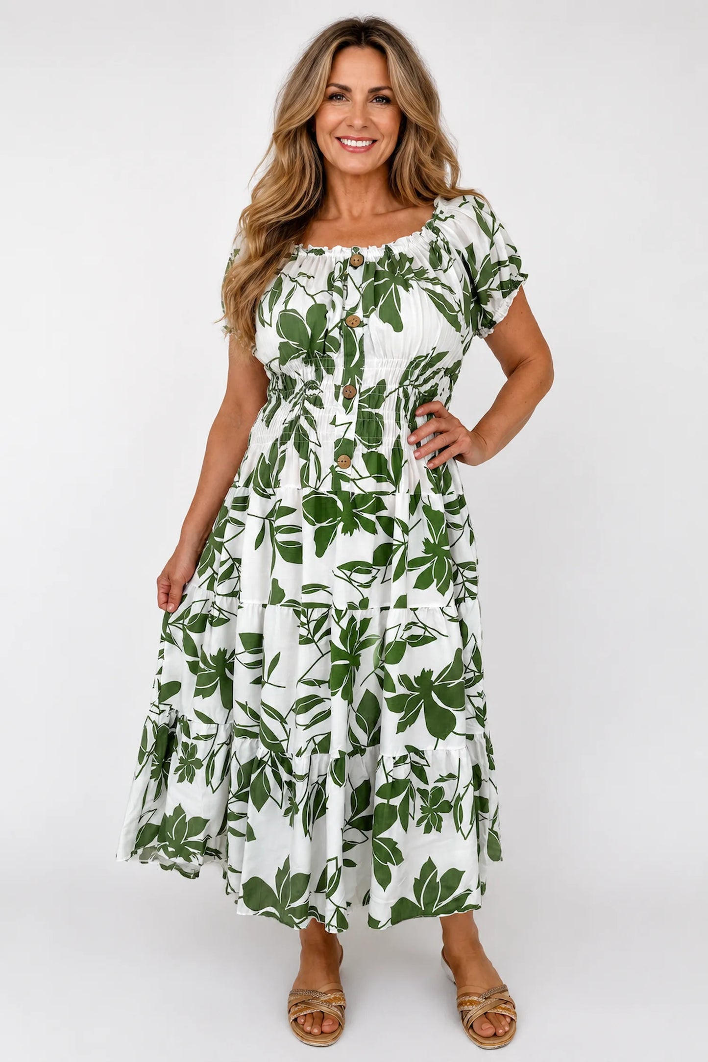Cotton Button Detail Elasticated Waist Panel Floral Dasia Dress - Light Khaki
