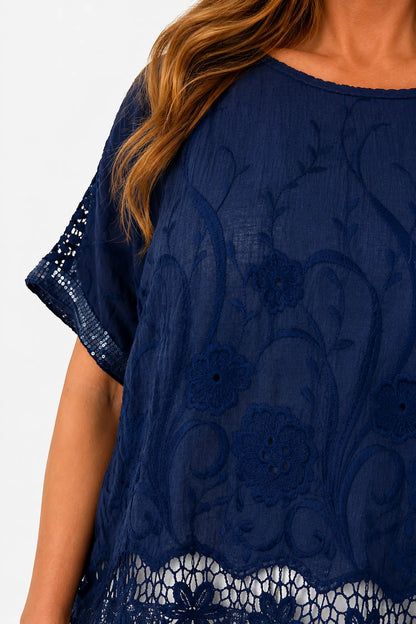 Cotton Crochet Detail Embroidery Anglaise Sequin Hem/Sleeve Selina Top - Navy