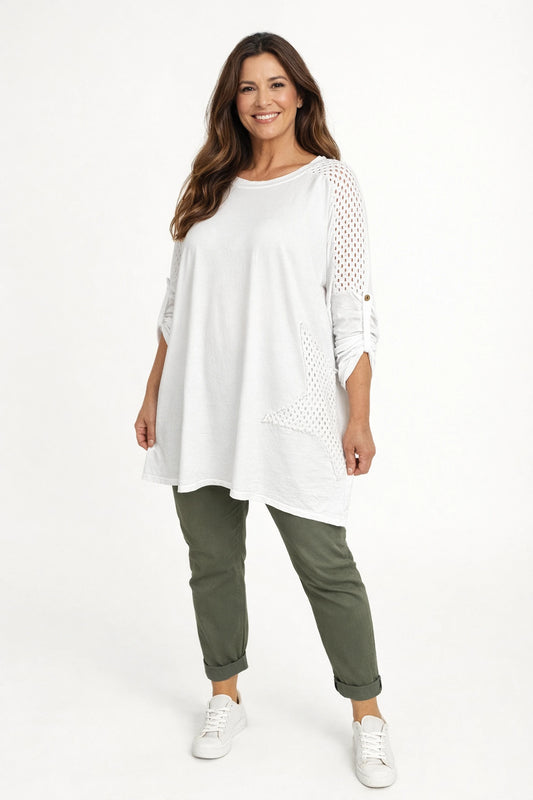 Cotton Crochet Detail Charmaine Button Sleeve Top - White