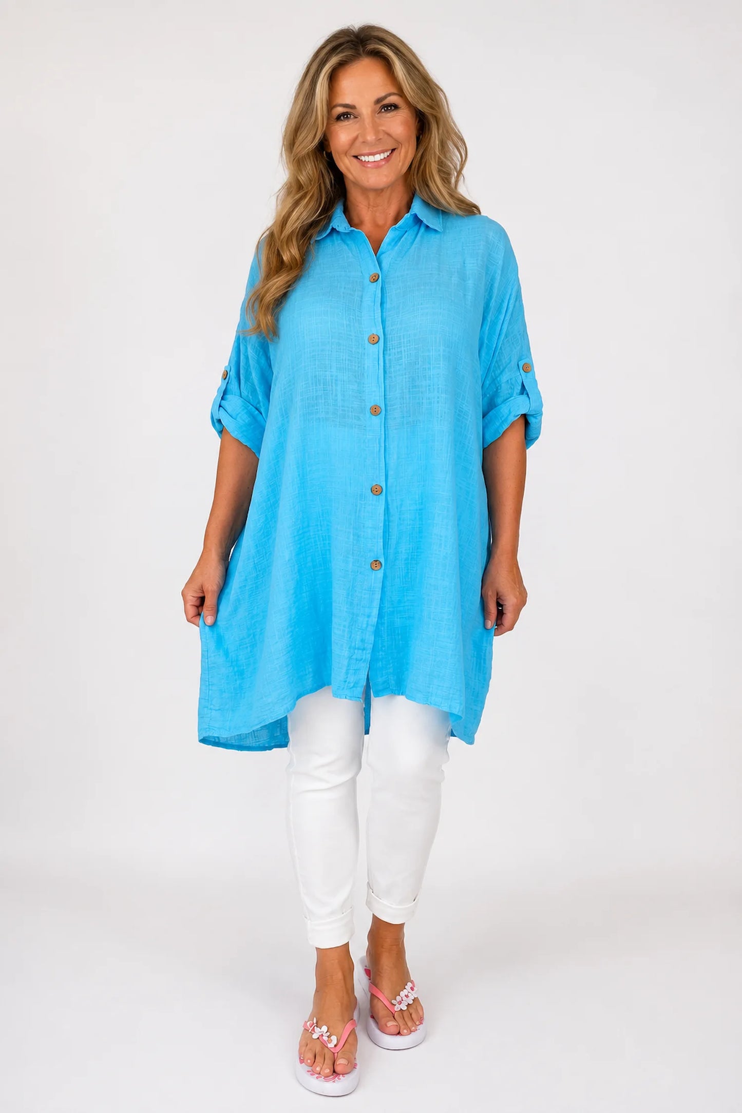 Pure Cotton Button Sleeve Cressida Button Shirt - Turquoise