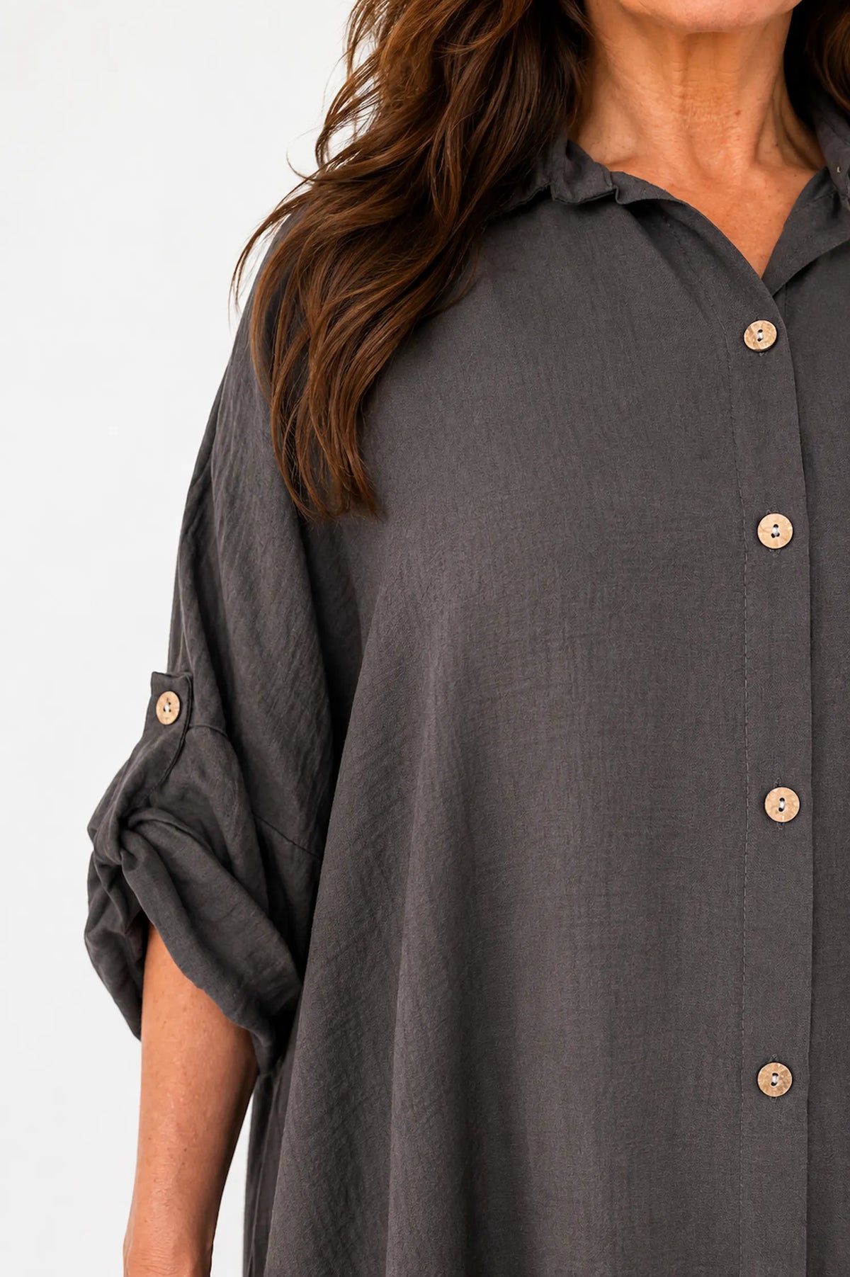 Button Sleeve Maxine Longline Button Shirt - Chocolate