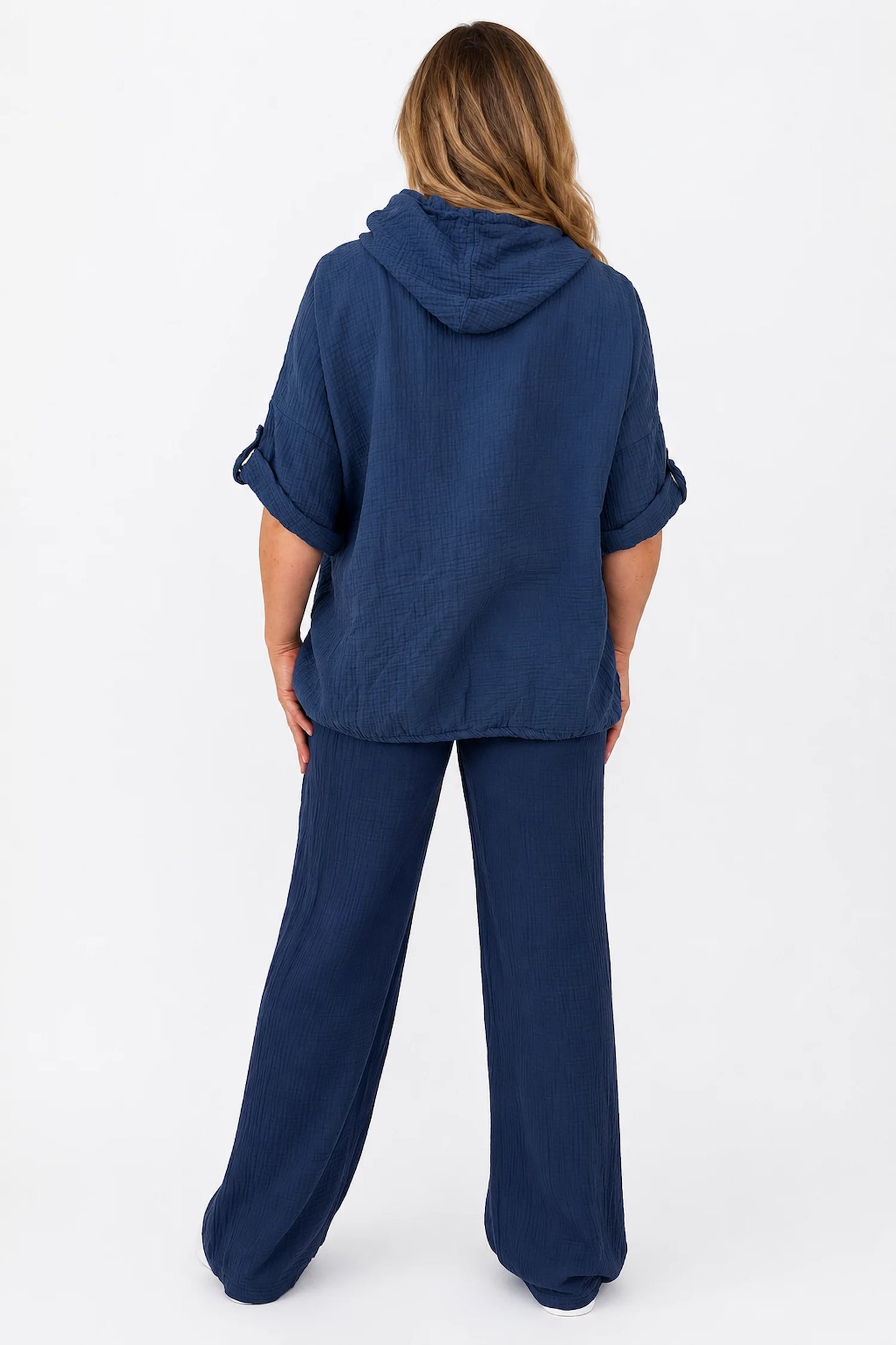 Pure Bubble Cotton Double Pocket Elasticated Waist Carla Wide Leg Pants - Navy